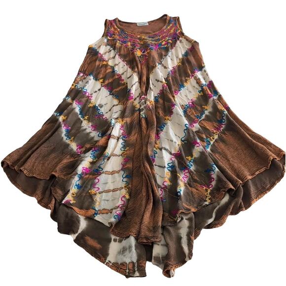 Sante Classics Dress Women's OS One Size Brown Tie Dye Embroidered Festival Boho - Picture 2 of 14